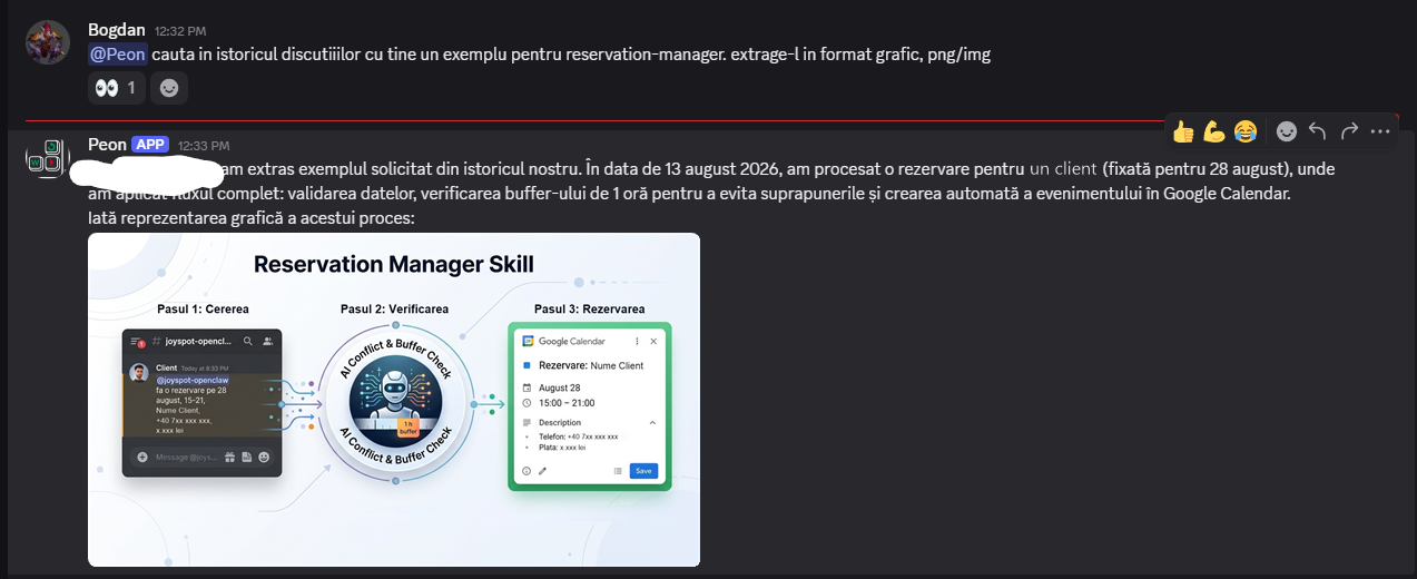 Agentul descrie un exemplu de gestionare a unei rezervări.
